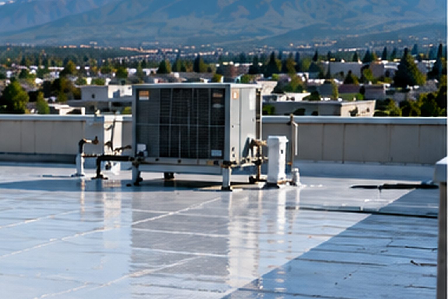 Commercial roof with a completed protective coating and rooftop equipment