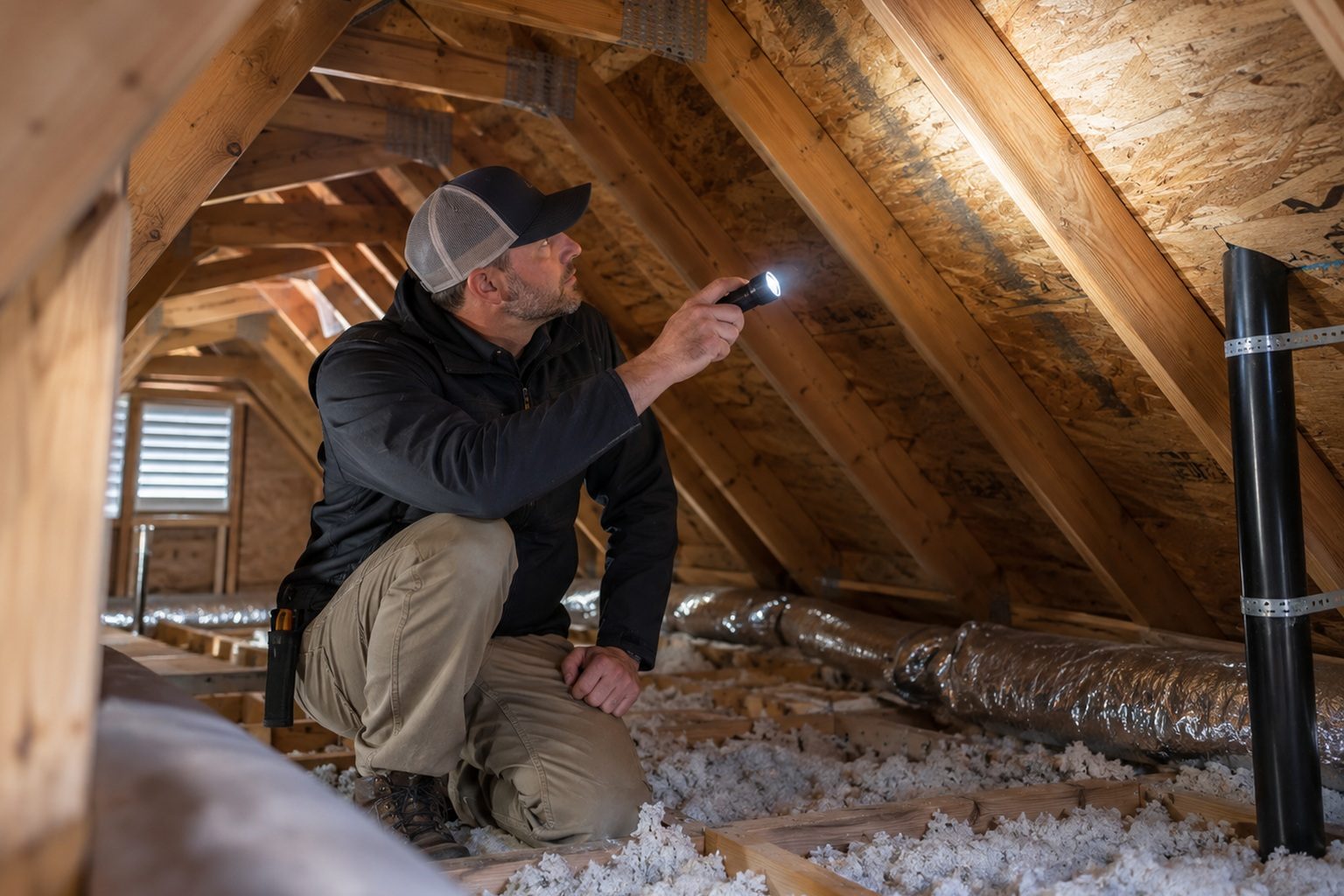 Inspector examining rafters in a residential roof space