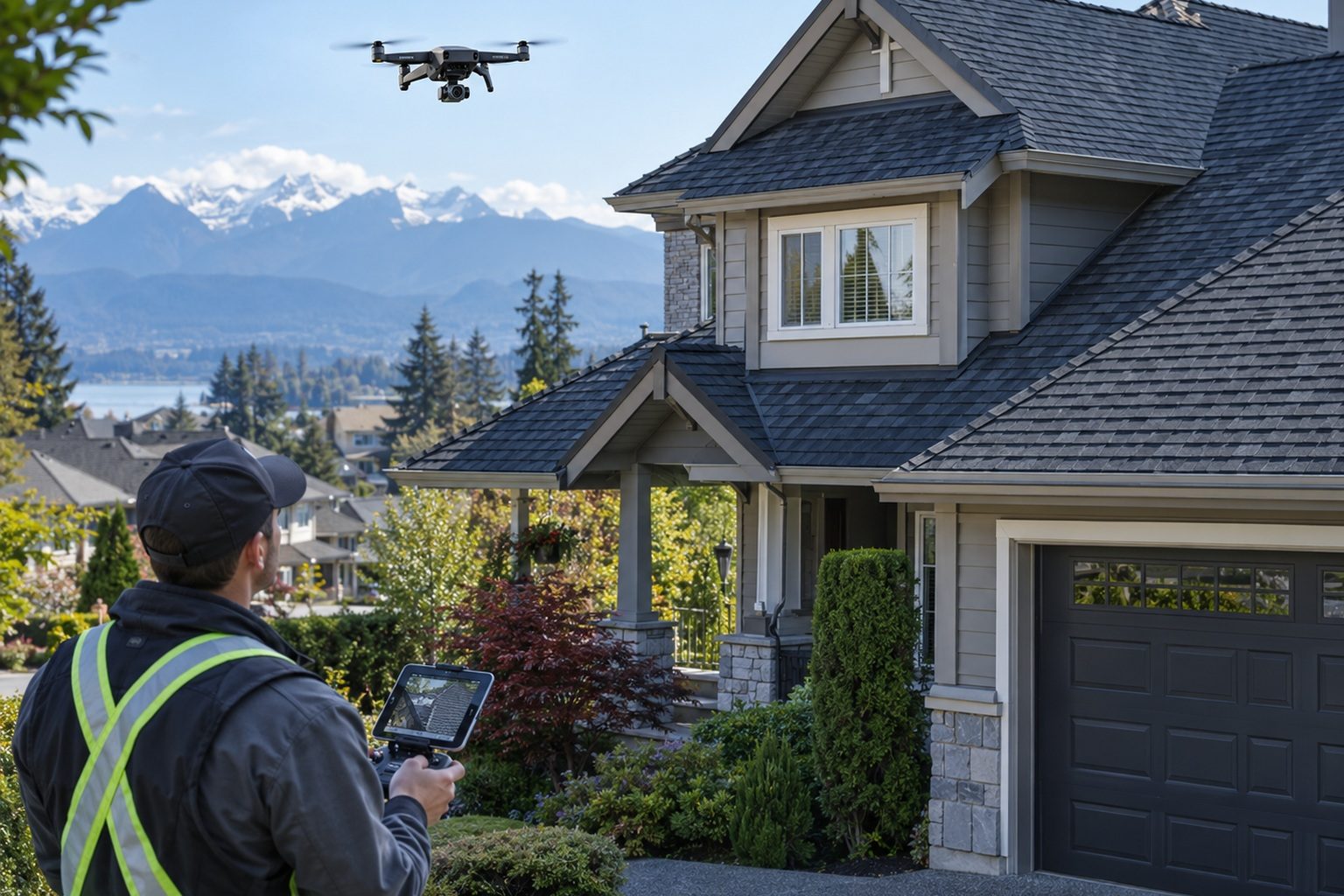 Drone view of a residential roof during an inspection