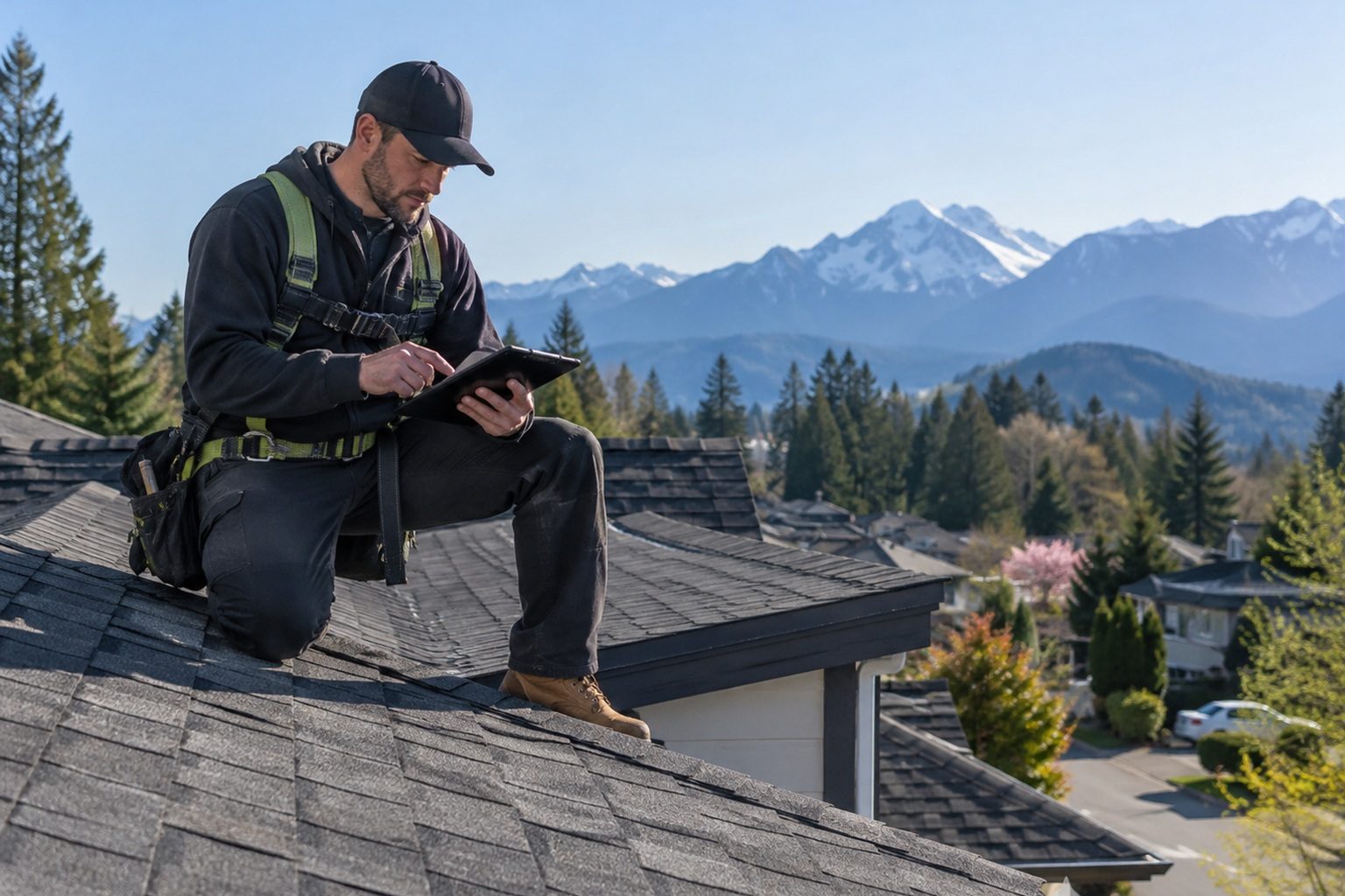 Roof inspector reviewing a residential roof with mountains in the distance