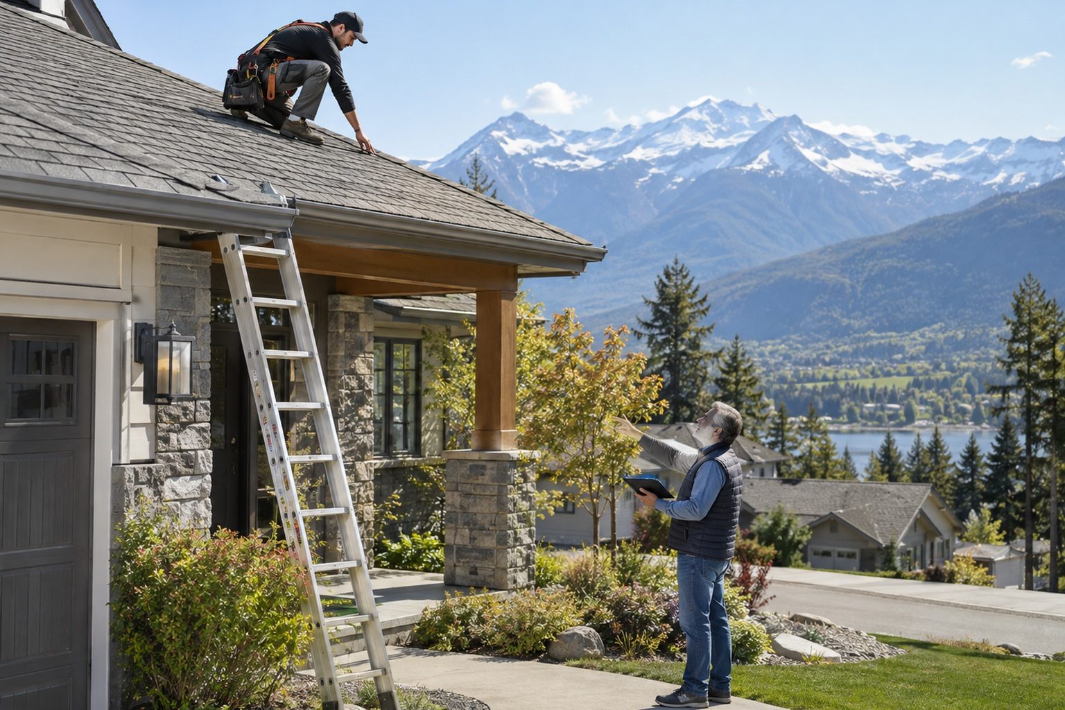 Roofer inspecting the overall condition of a residential roof