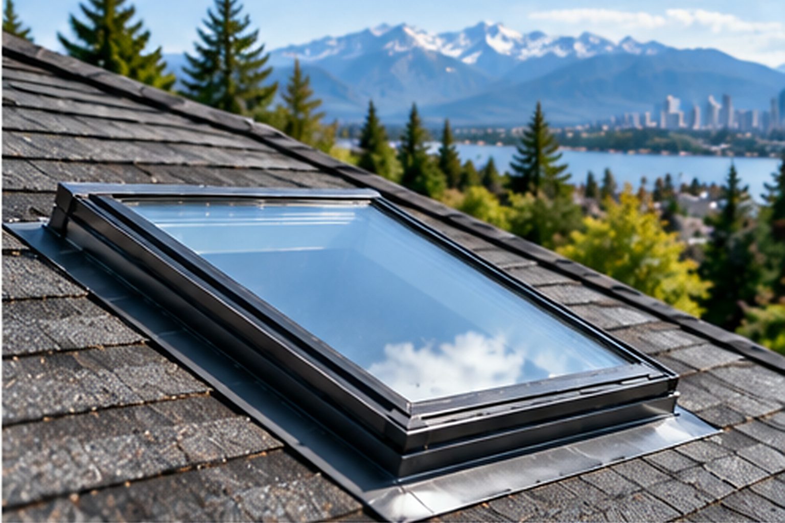 Completed skylight installation on a residential asphalt-shingle roof