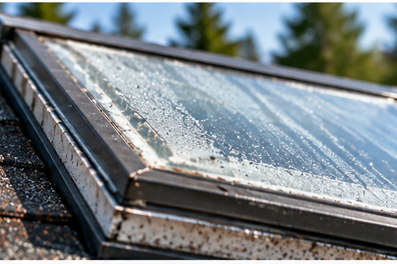 Existing residential skylight showing age and weathering around the unit