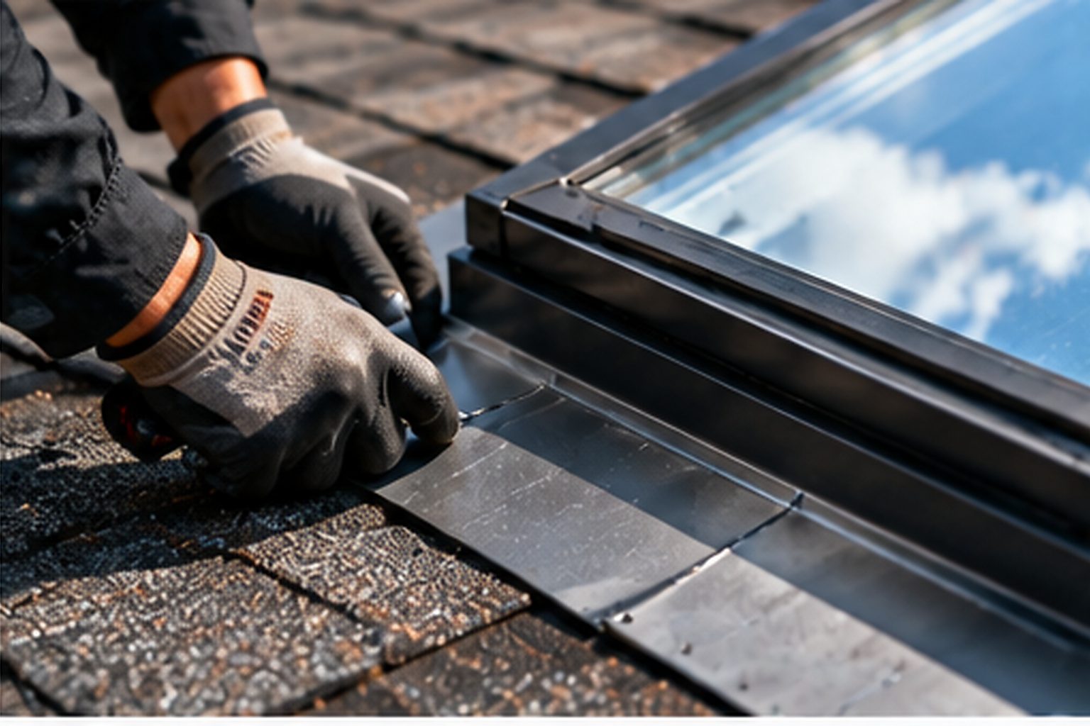 Hands integrating a skylight frame with the surrounding roofing