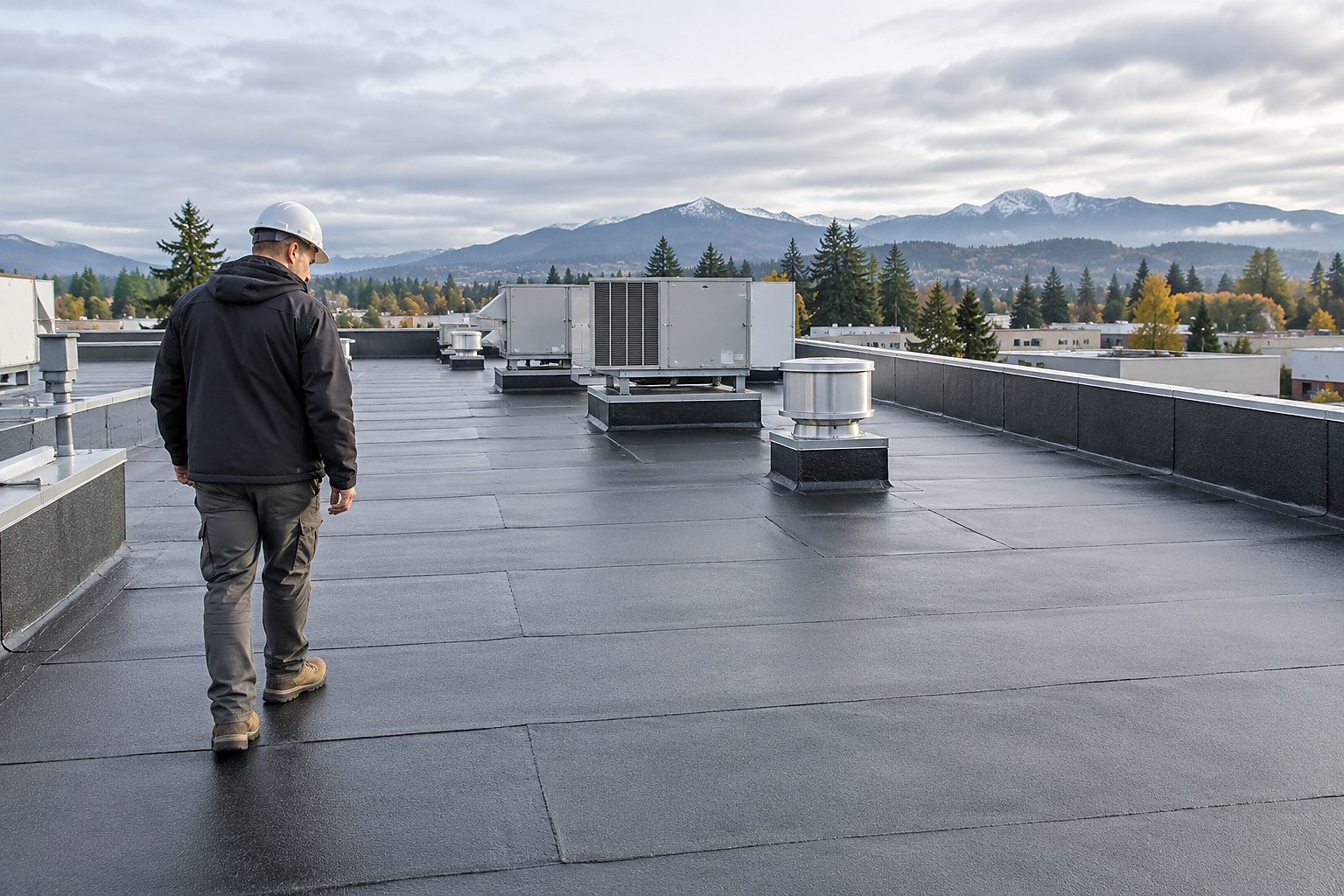Commercial torch-on roof being inspected for membrane condition and details