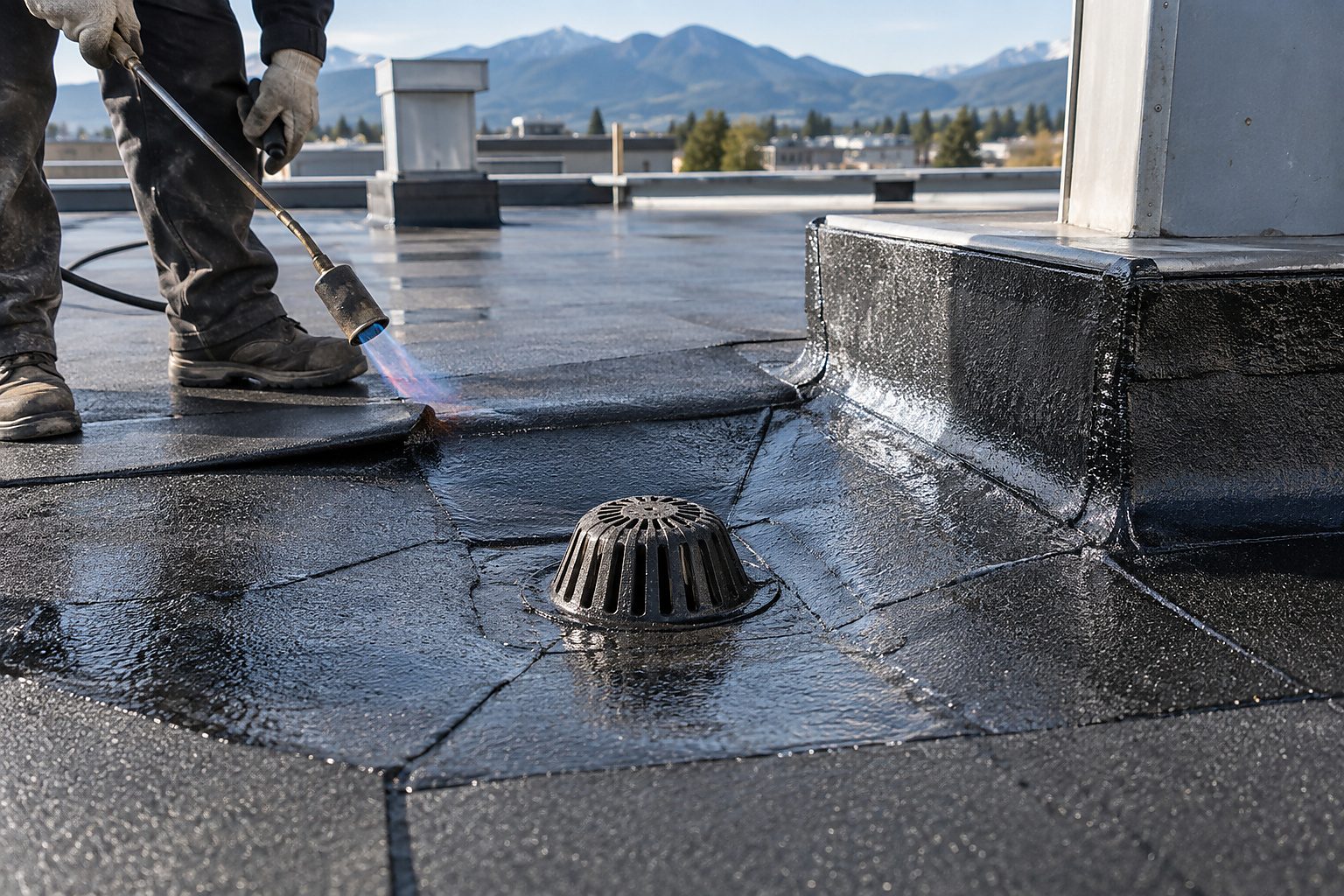 Modified-bitumen roofing detailed around a commercial roof drain