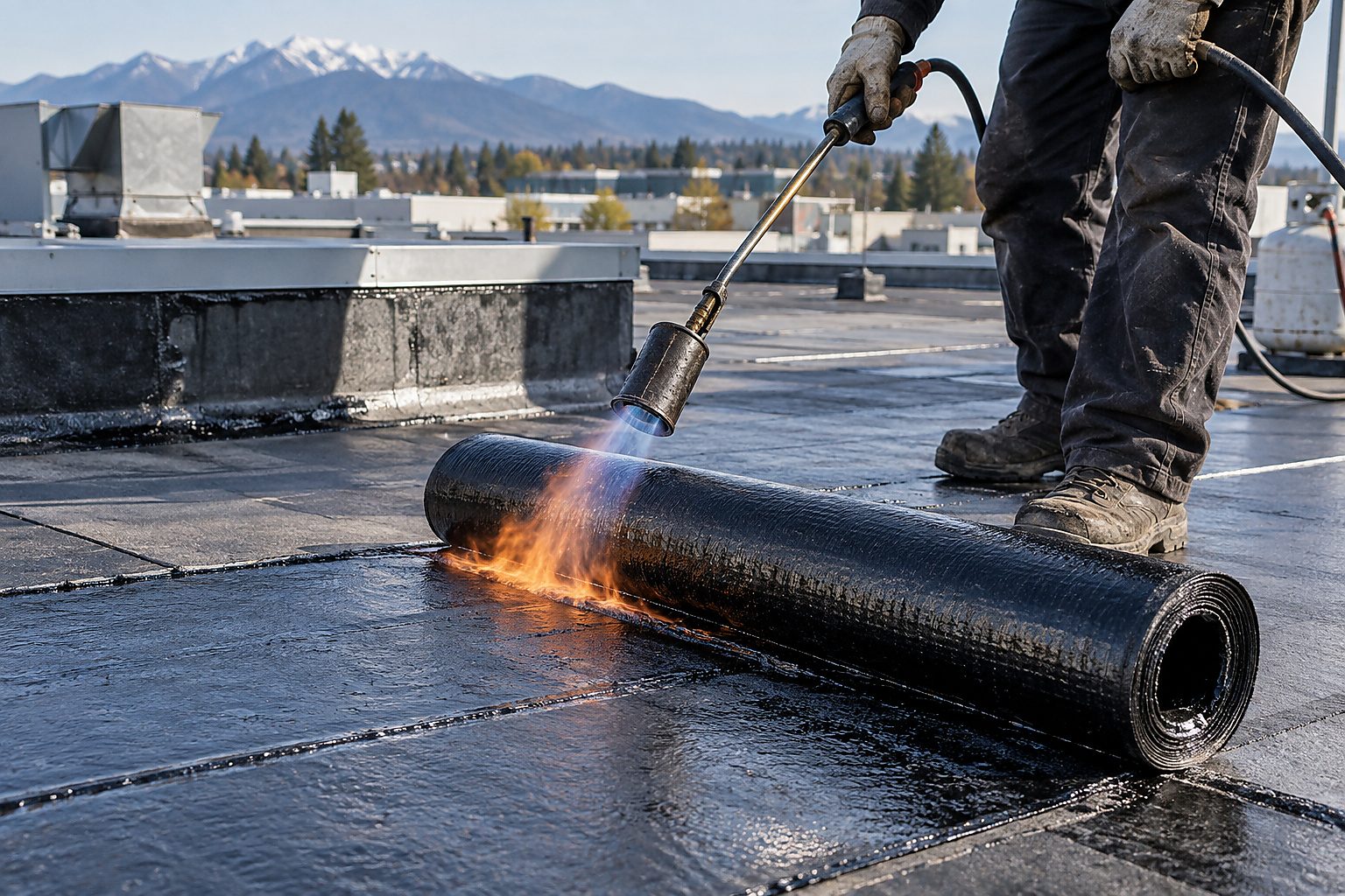 Torch-applied modified-bitumen roofing membrane being bonded on a commercial roof