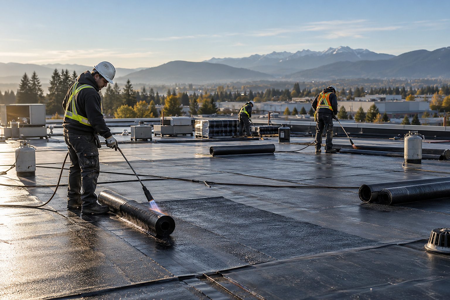 Commercial torch-on roofing crew working on a low-slope roof in a mountain setting
