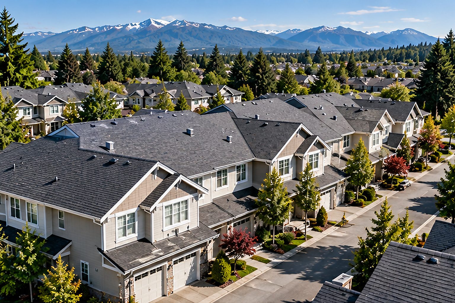 Connected townhouse complex with continuous roof areas across multiple homes
