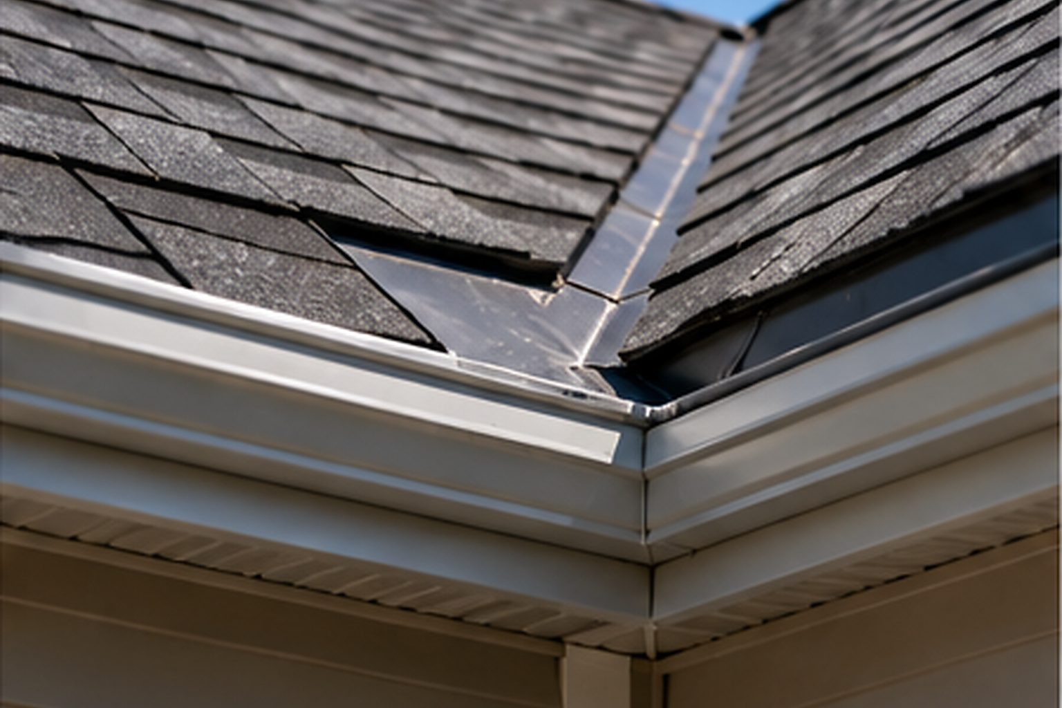 Roof junction detail where connected townhouse roof areas meet