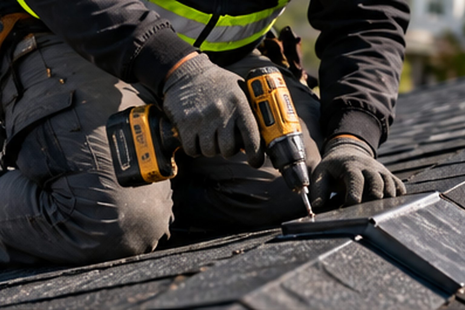 Residential roofing work on a connected townhouse roof