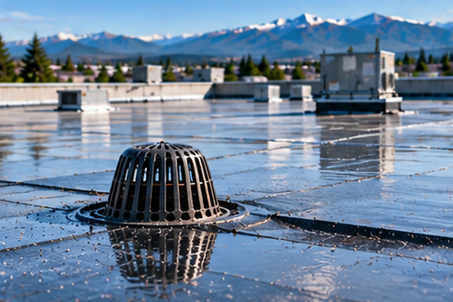 Commercial warehouse roof drain and surrounding low-slope roofing