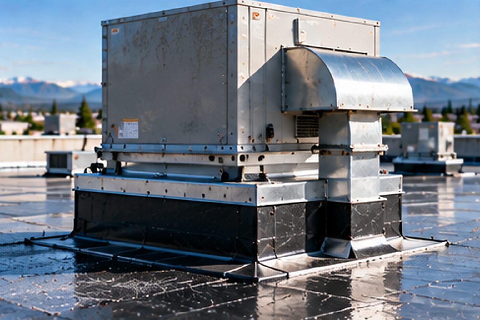 Warehouse rooftop equipment and surrounding roofing interfaces