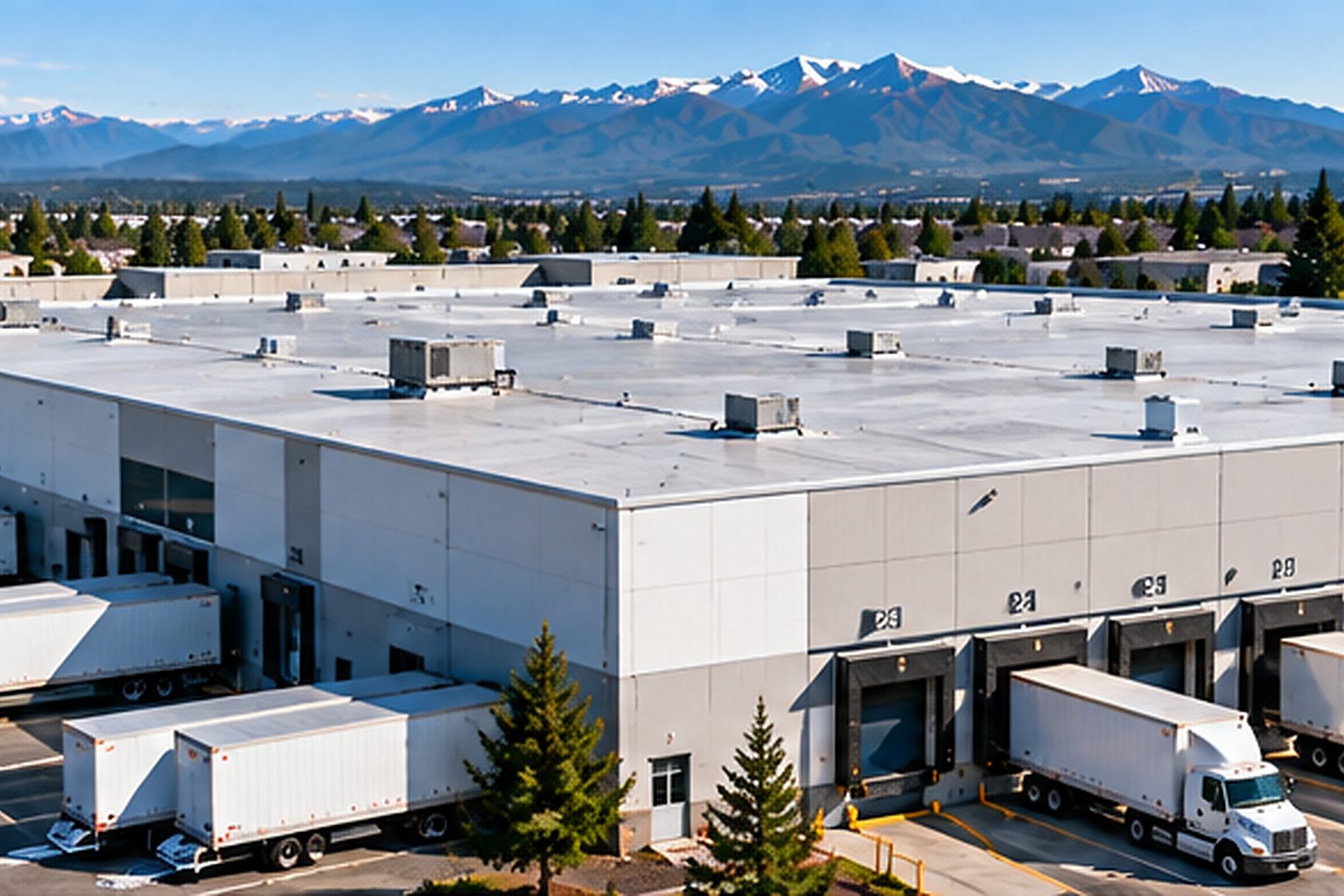 Large commercial warehouse with a broad roof and active loading areas
