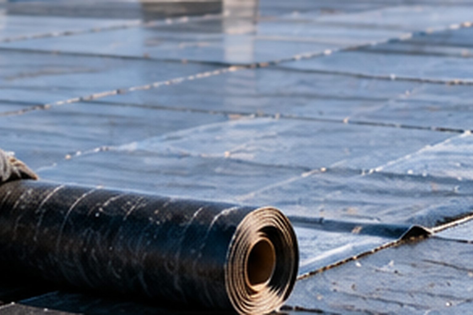 Commercial roofing membrane work on a warehouse roof